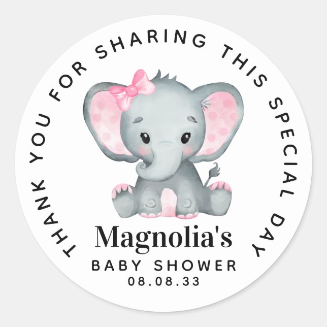 Sticker Rond Merci Baby shower rose éléphant (Devant)