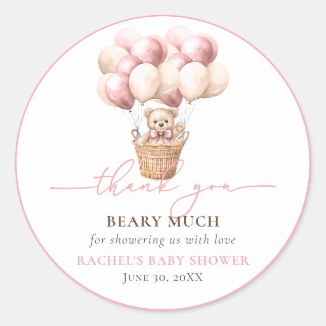 Sticker Rond Merci Baby shower rose Teddy Bear (Devant)
