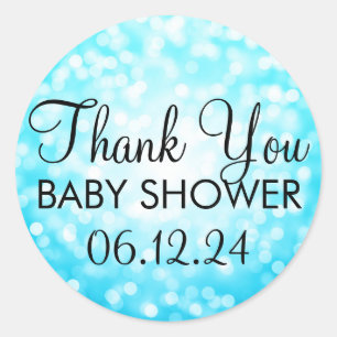 Sticker Rond Merci Baby shower Turquoise Parties scintillant Lu