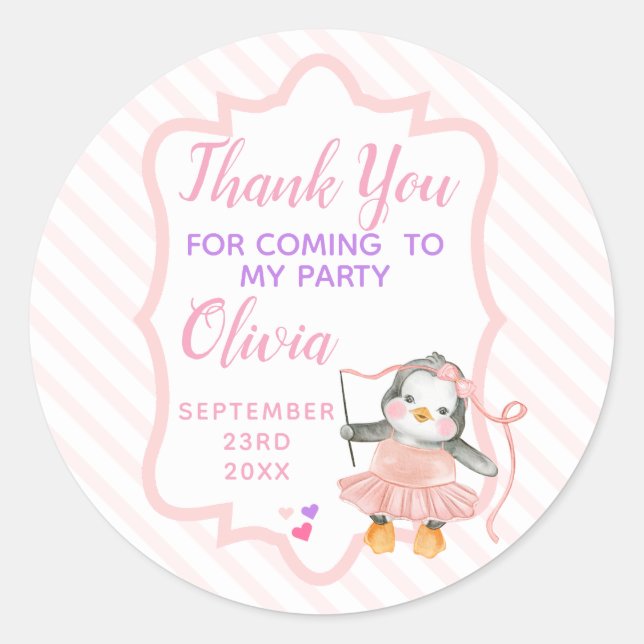 Sticker Rond Merci Ballerina Penguin rose Anniversaire (Devant)