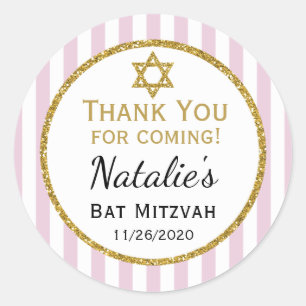 Sticker Rond Merci Bat mitzvah rose Or Venant Favor Tags