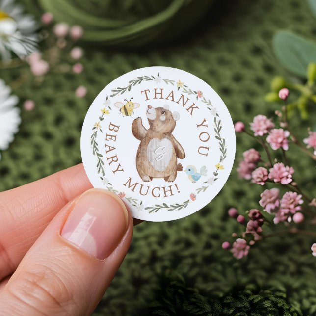 Sticker Rond Merci Béary Beaucoup Knisé Ours Bois Floral (Thank You Beary Much Knitted Woodland Bear Floral Classic Round Sticker)