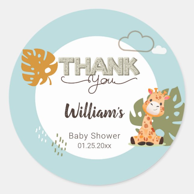 Sticker Rond Merci bébé Giraffe, Baby shower Invitation (Devant)