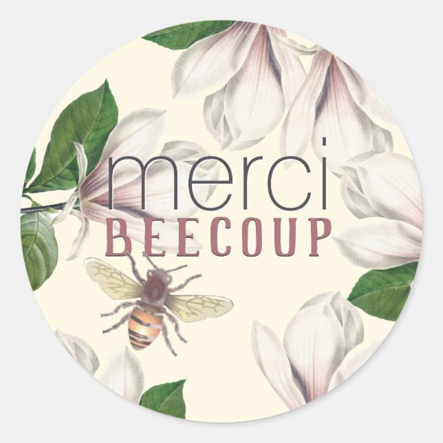 Sticker Rond Merci Beecoup Merci Magnolia et Bee en ivoire (Devant)