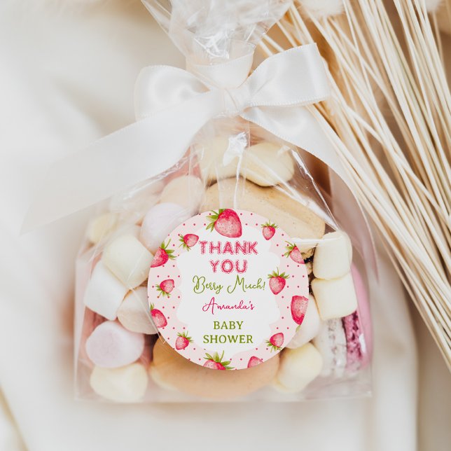 Sticker Rond Merci Berry Beaucoup de fraises Baby shower rose (Créateur téléchargé)