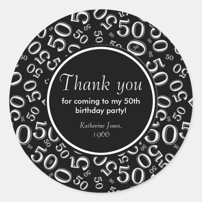 Sticker Rond Merci : Black and White 50th Birthday Party (Devant)