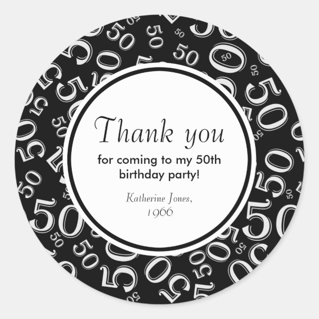 Sticker Rond Merci : Black and White 50th Birthday Party (Devant)