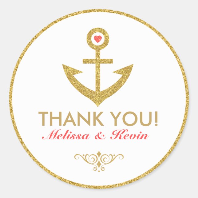 Sticker Rond Merci blanc et or Ancre nautique de bateau (Devant)