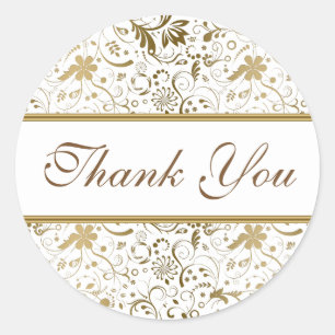 Sticker Rond Merci Blanc Et Or Floral Damas