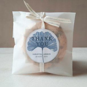Sticker Rond Merci Bleu & Blanc Ginkgo Leaf Mariage Favoriser