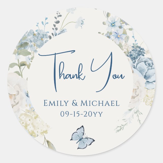 Sticker Rond Merci bleu bleu romantique Mariage floral (Devant)