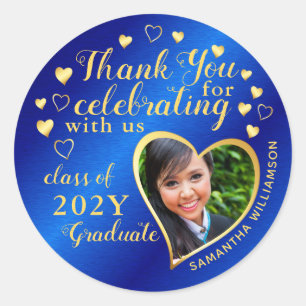 Sticker Rond Merci Bleu & Or 2025 Parti Graduation Favor
