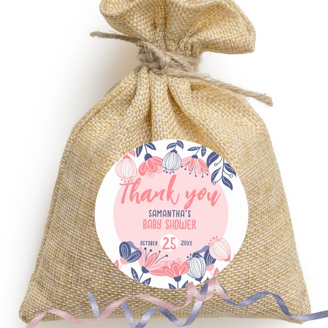 Sticker Rond Merci bleu rose Fleurs Baby shower botanique (Créateur téléchargé)