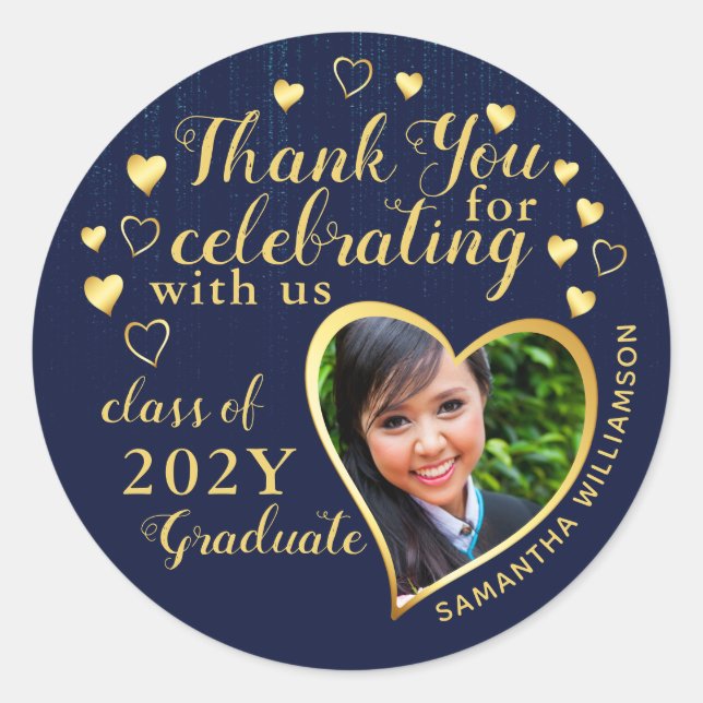 Sticker Rond Merci Blue & Gold 2025 Graduation Party Favor (Devant)