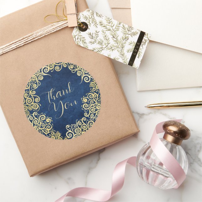 Sticker Rond Merci Boho Classy Gold et Navy Blue Swirls (Cadeaux)