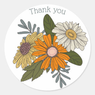 Sticker Rond Merci Boho rétro vintage marguerites orange jaune