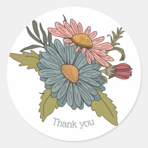 Sticker Rond Merci Boho rétro vintage marguerites rose bleu