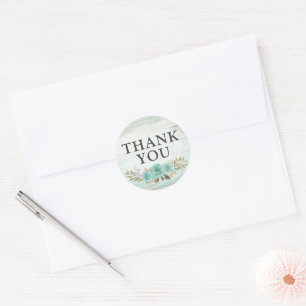 Sticker Rond Merci Bois Rustique Fleurs Roses Turquoise 