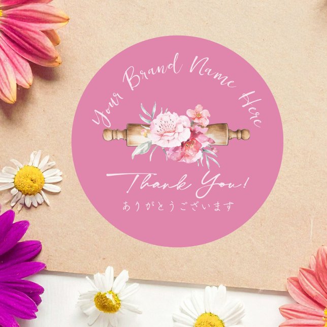 Sticker Rond Merci Boulangerie Rolling Pin Rose Floral Élégant (Créateur téléchargé)