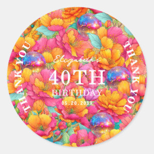 Sticker Rond Merci Boule Disco Florale Pailletée Or Rose Chaud