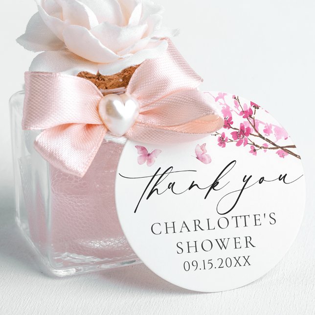 Sticker Rond Merci Cerisier Fleur Papillon Rose (Créateur téléchargé)