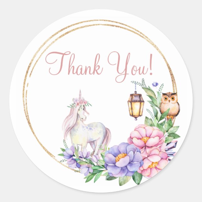 Sticker Rond Merci Chouette Unicorn Aquarelle Florale (Devant)