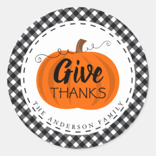 Sticker Rond Merci.   Citrouille Buffalo Plaid Thanksgiving