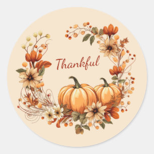 Sticker Rond Merci Citrouille et fleurs d'automne Wreath