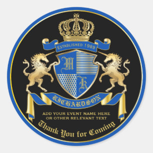 Sticker Rond Merci Coat of Arms Blue Gold Unicorn Emblem