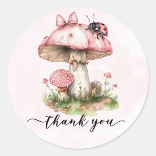 Sticker Rond Merci Coccinelle Champignon Baby Shower