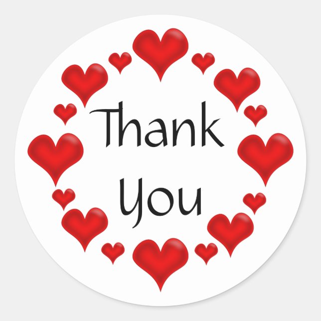Sticker Rond Merci, Coeurs d'amour rouges (Devant)