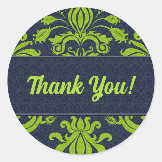 Sticker Rond Merci commercial Green et Navy Damask (Devant)