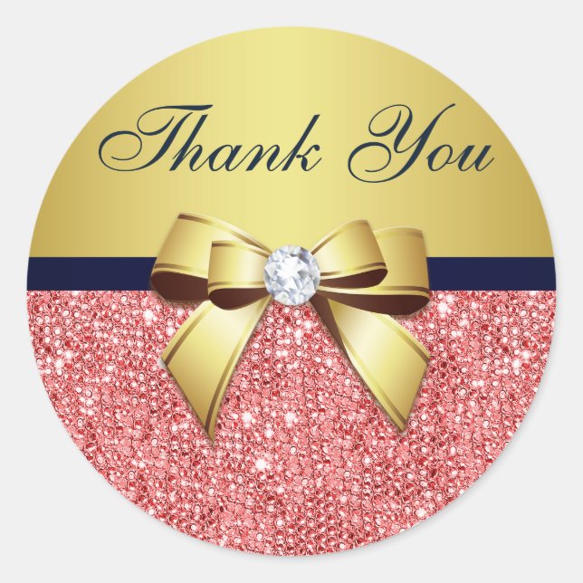 Sticker Rond Merci Coral Sequins Or Marine Diamonds Bow (Devant)