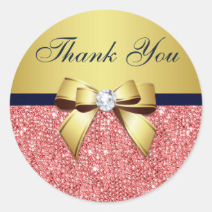 Sticker Rond Merci Coral Sequins Or Marine Diamonds Bow