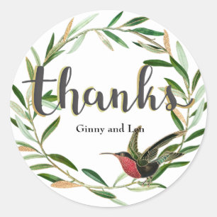 Sticker Rond Merci, couronne florale avec feuille d'oiseau