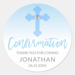 Sticker Rond Merci croisé bleu blanc de garçon de CONFIRMATIO
