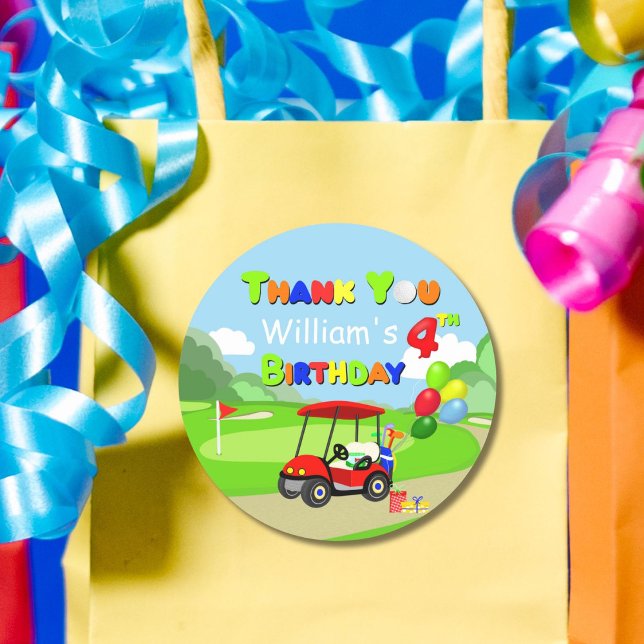 Sticker Rond Merci Cute 4e anniversaire Red Golf Cart Boy's (Créateur téléchargé)