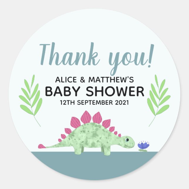Sticker Rond Merci Cute Blue Dinosaur Baby shower Favoriser (Devant)