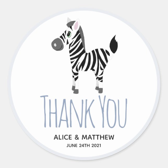 Sticker Rond Merci Cute Blue Zebra Baby shower Favoriser (Devant)