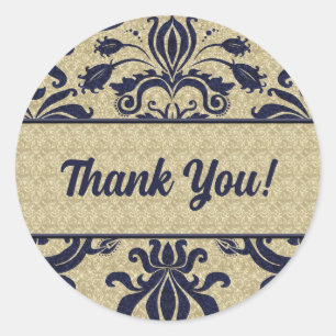 Sticker Rond Merci d'affaires bleu et ruban Damask