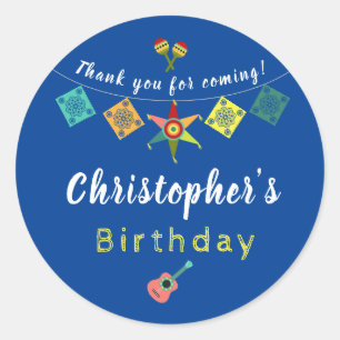 Sticker Rond Merci d'anniversaire du garçon Fiesta Blue Maracas