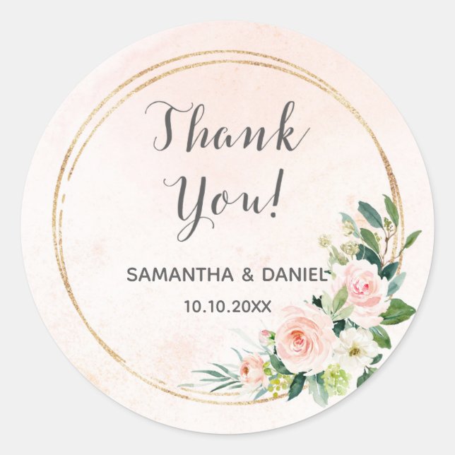 Sticker Rond Merci d'aquarelle couleur or et rose pâle (Devant)