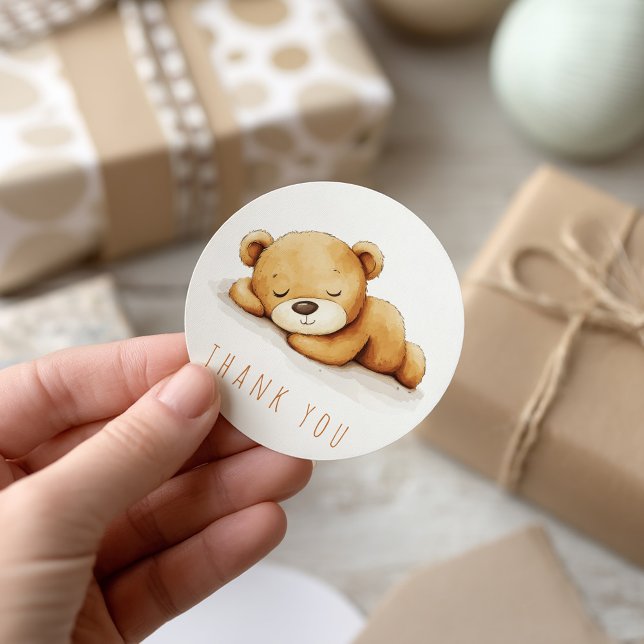 Sticker Rond Merci d'aquarelle de l'ours couché mou (Charming thank you sticker features an adorable sleeping teddy bear illustration.)