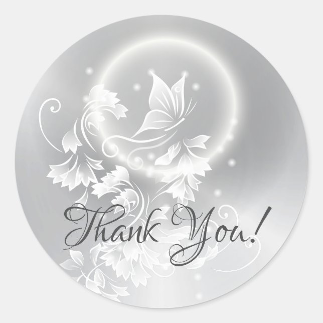 Sticker Rond Merci d'argent du papillon floral (Devant)