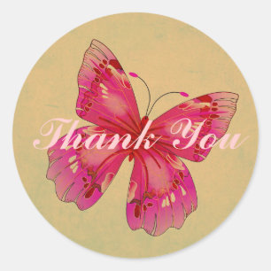 Sticker Rond Merci d'art papillon vintage rose