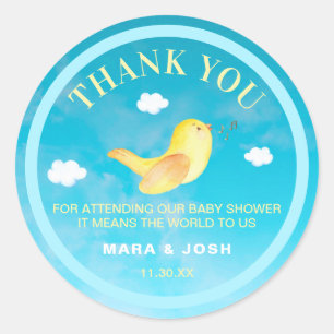 Sticker Rond ** Merci de Baby shower bleu Birdie Jaune