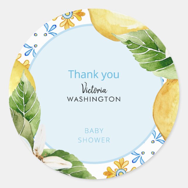 Sticker Rond Merci de Baby shower bleu et citron méditerranéen (Devant)