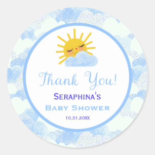 Sticker Rond Merci de Baby shower bleu nuageux doux