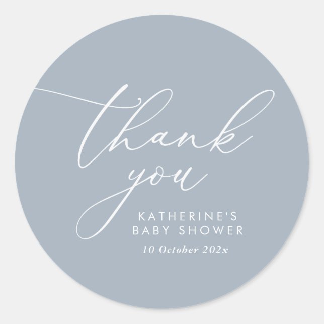 Sticker Rond Merci de Baby shower bleu poussiéreux (Devant)