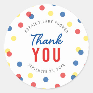 Sticker Rond Merci de Baby shower bleu rouge jaune Confetti